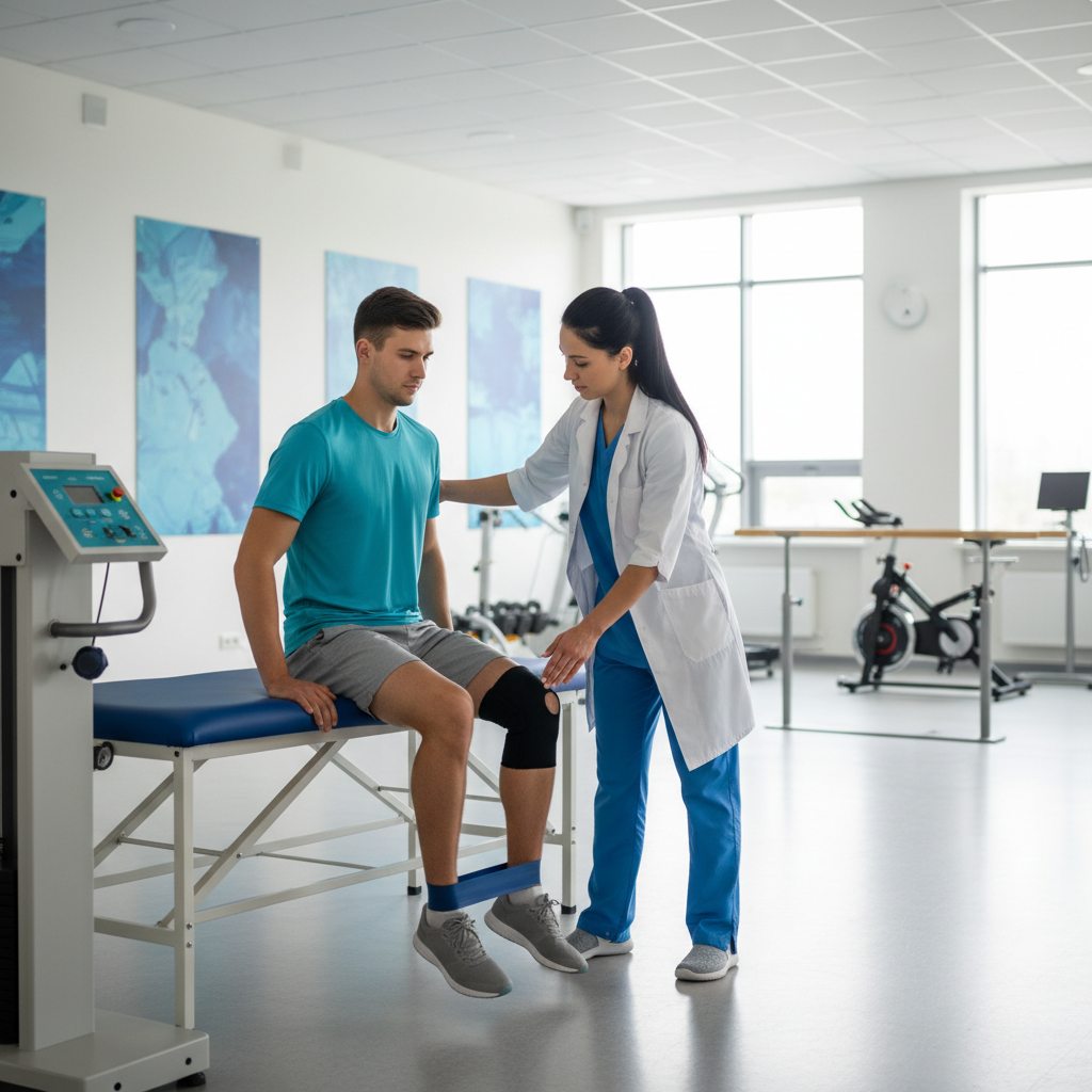 Fisioterapeuta orientando atleta amador em exercício de reabilitação de joelho com faixa elástica em clínica de fisioterapia esportiva