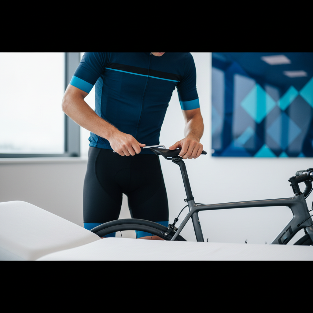 Ciclista ajustando a altura do selim de uma bicicleta de estrada com uma chave Allen, em um ambiente de clínica esportiva com iluminação suave