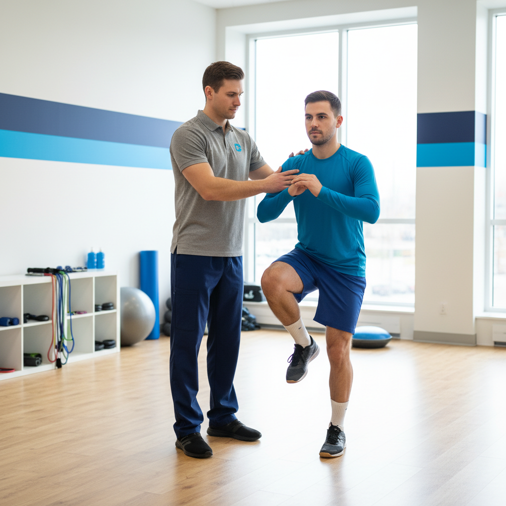 Fisioterapeuta orientando atleta amador em exercício de reabilitação do joelho após lesão do ligamento cruzado anterior em clínica esportiva