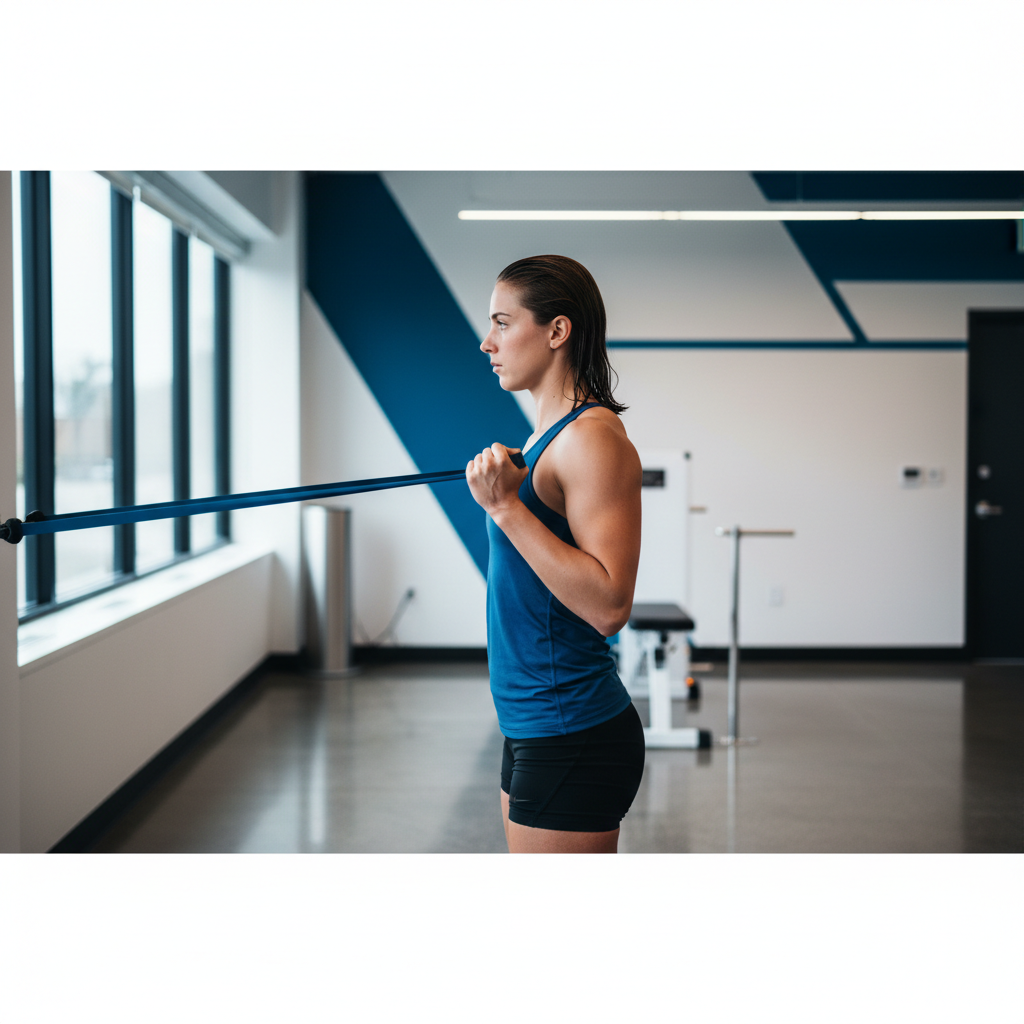 Nadador atleta realizando exercício de reabilitação de ombro com faixa de resistência, em um contexto clínico e profissional