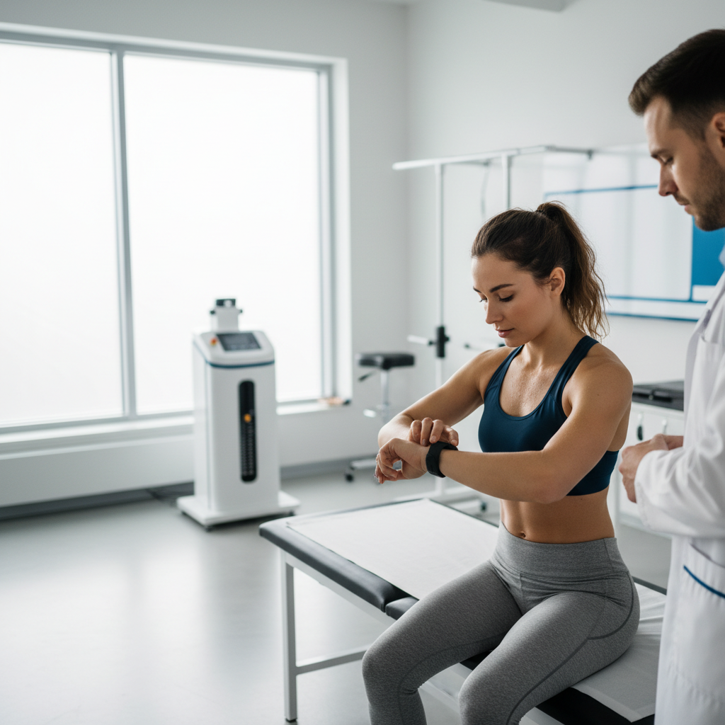 Atleta em pé, usando um relógio inteligente no pulso para verificar dados de treino, com um monitor de frequência cardíaca no peito