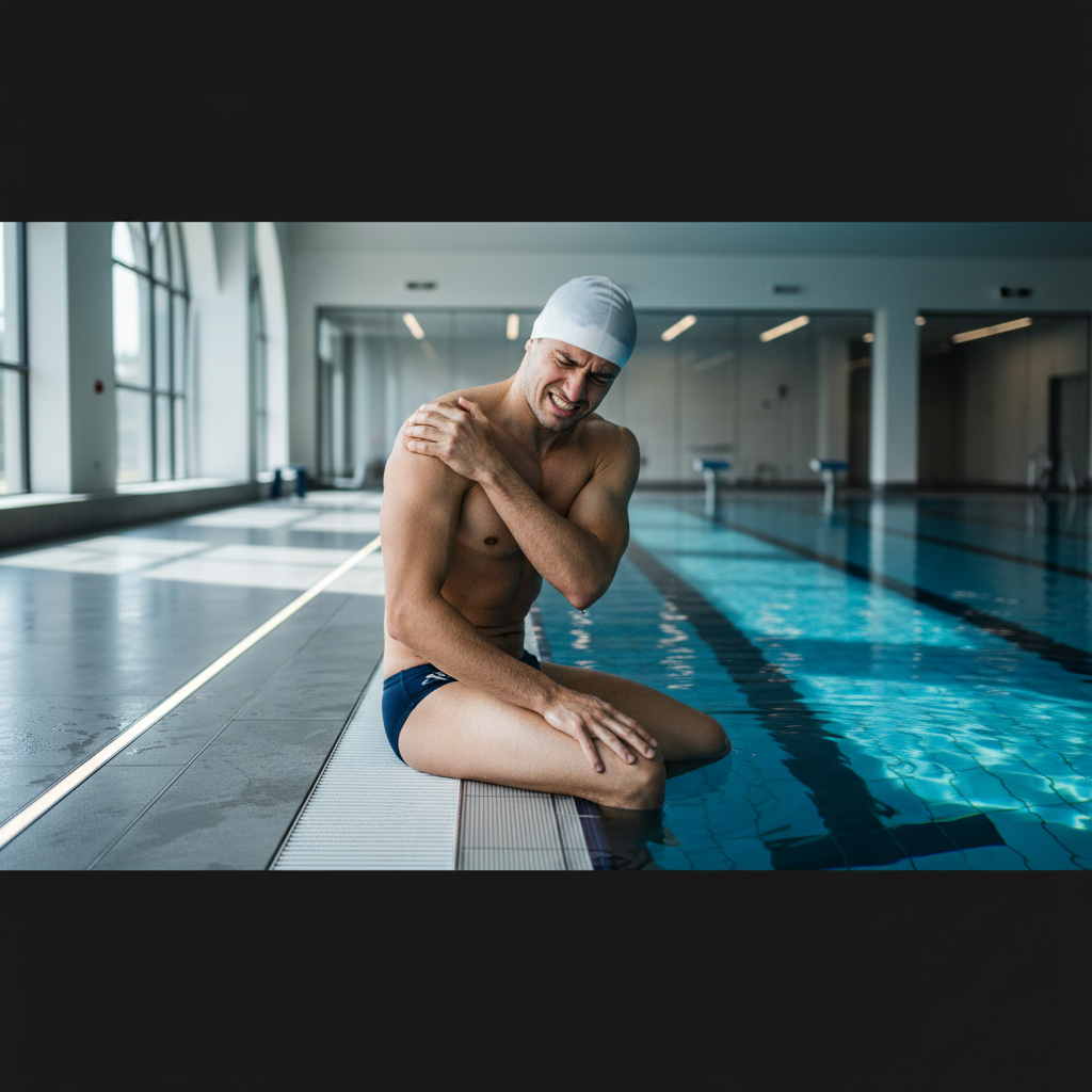 Nadador competitivo na borda da piscina segurando o ombro com desconforto, cores azuis, iluminação suave e natural