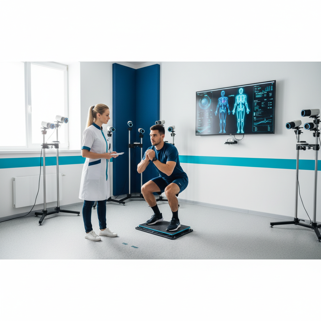 Fisioterapeuta esportiva e atleta em ambiente de avaliação de biomecânica, com a profissional observando o movimento do atleta na esteira