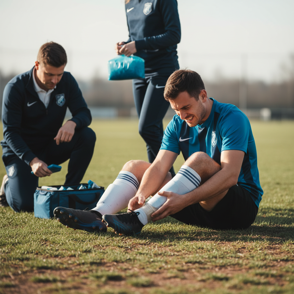 Jogador de futebol amador sentado no campo, segurando o tornozelo após uma entorse, com expressão de dor