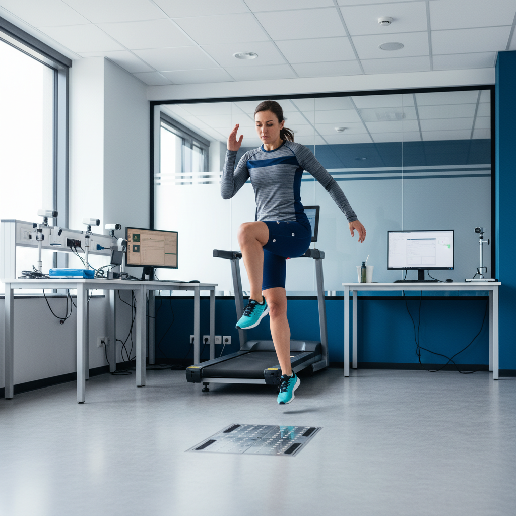 Atleta amador feminina salta com uma perna em laboratório de esporte, paredes claras e equipamento azul visíveis, olhando para a frente