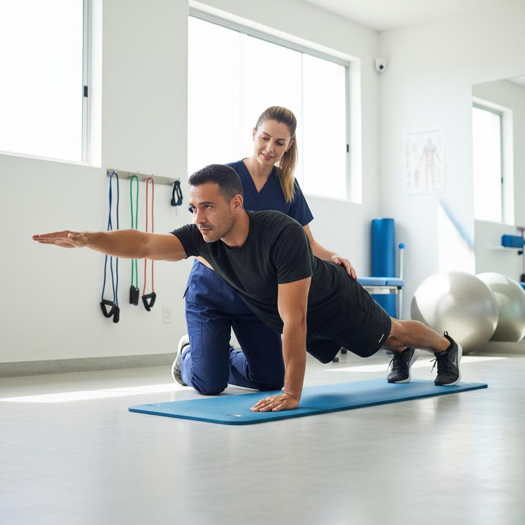 Fisioterapeuta orientando atleta amador em exercício de reabilitação lombar em clínica esportiva moderna com iluminação natural