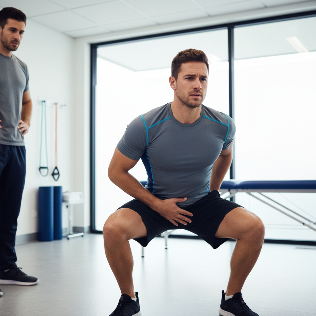 Atleta em agachamento profundo, mão na virilha, avaliando desconforto. Em uma clínica esportiva com iluminação suave