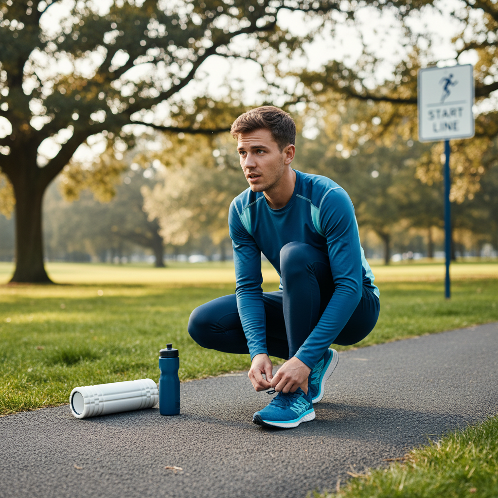 Corredor iniciante sentado em banco de parque, amarrando tênis de corrida para o primeiro treino, em fotografia de esportes com iluminação natural