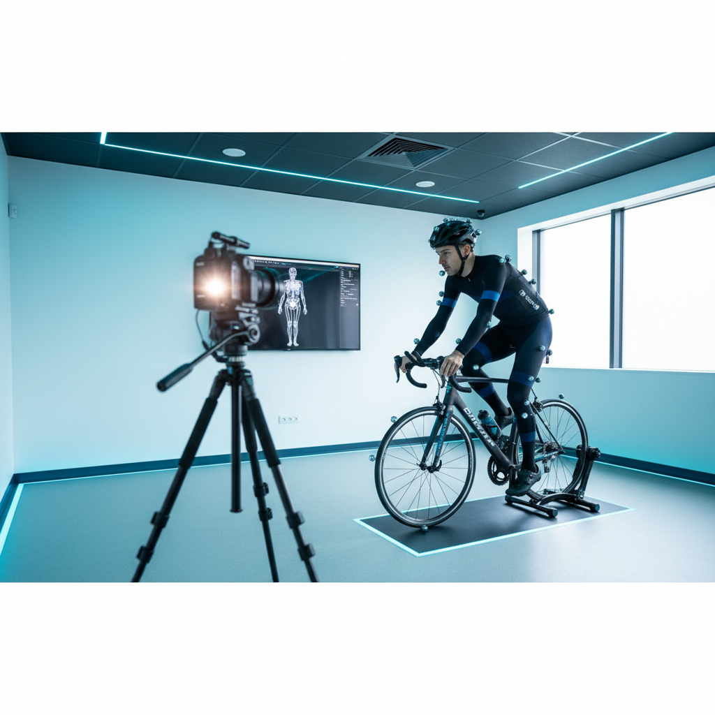 Ciclista em uma bicicleta de exercício interna, preso a vários fios finos e eletrodos. Uma câmera captura seus movimentos e um laptop exibe análises de dados