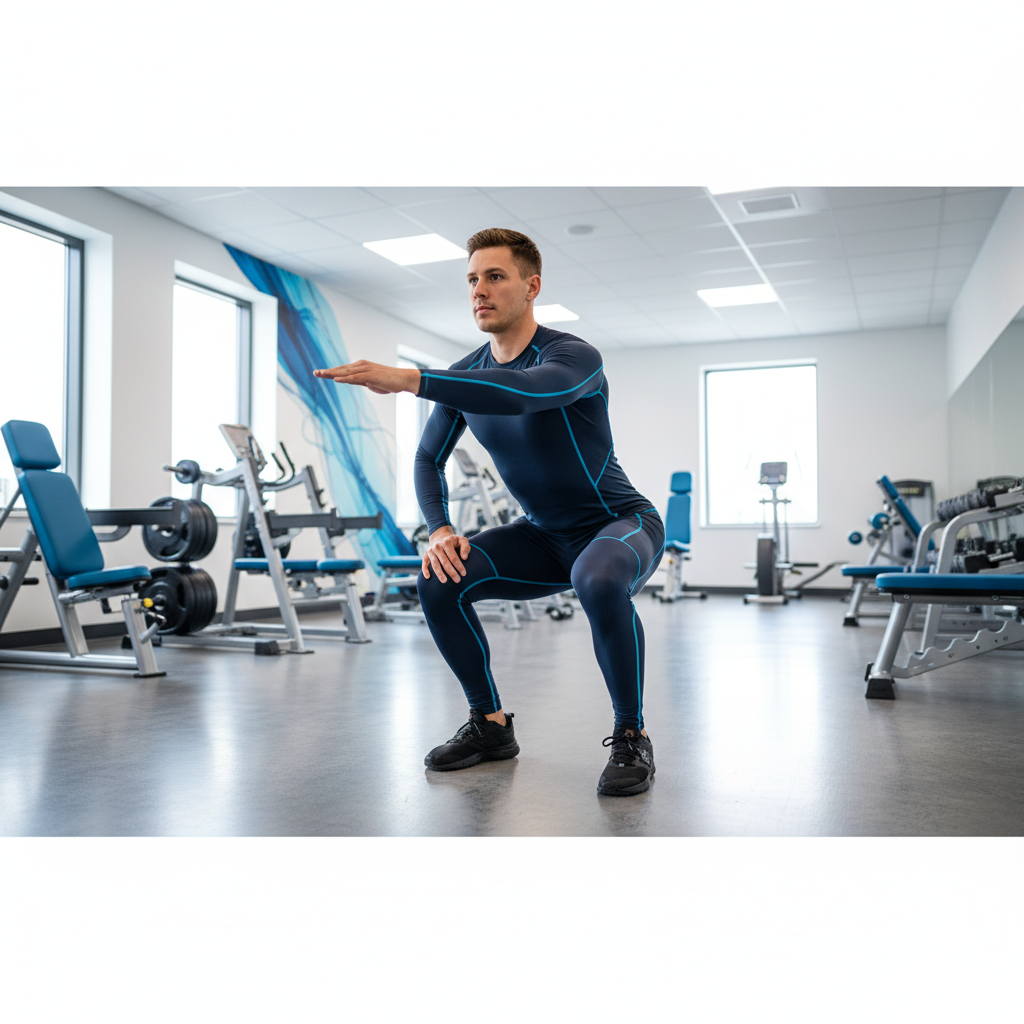 Pessoa agachando em uma academia com a mão no joelho, concentrada e com boa postura, em um ambiente moderno de saúde e esporte
