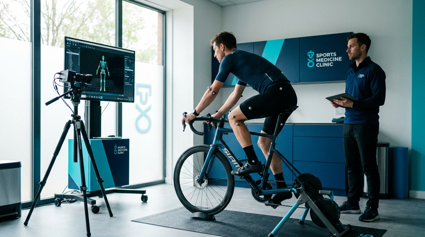 Ciclista sendo avaliado em sessão de bike fit com câmera e marcadores corporais