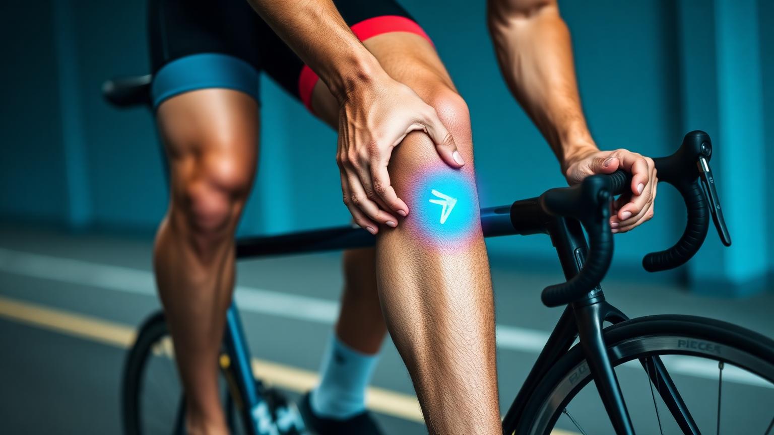 Ciclista parado tocando o joelho com expressão de leve desconforto, próximo à bike