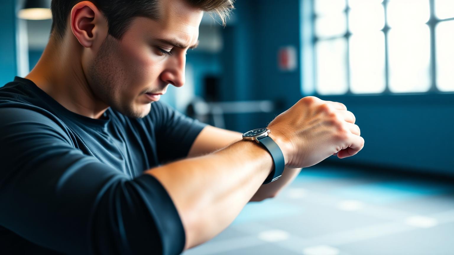 Atleta amador olhando dados de treino em smartwatch após sessão