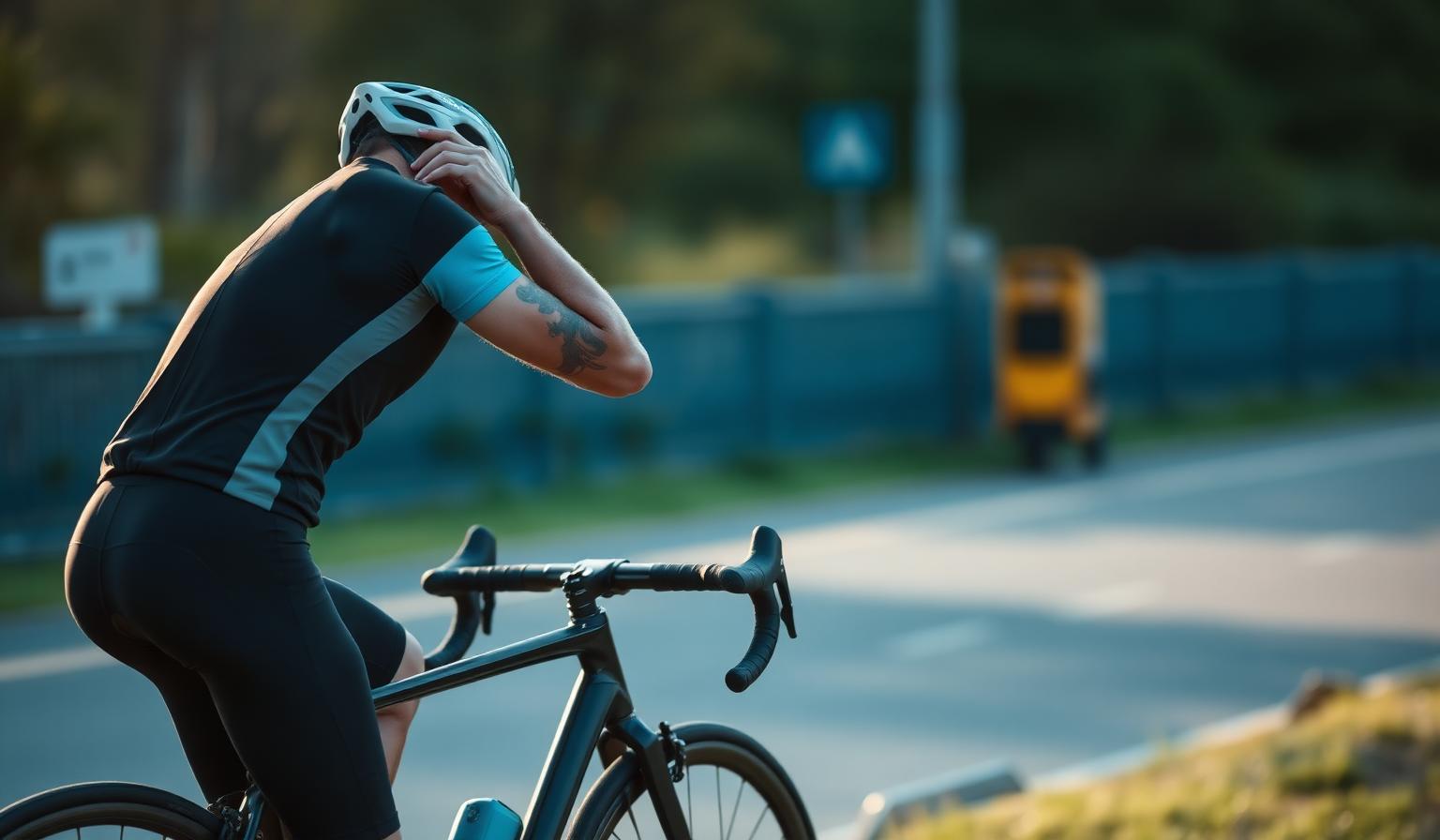 Ciclista parado na beira da estrada esticando o pescoço com expressão de desconforto