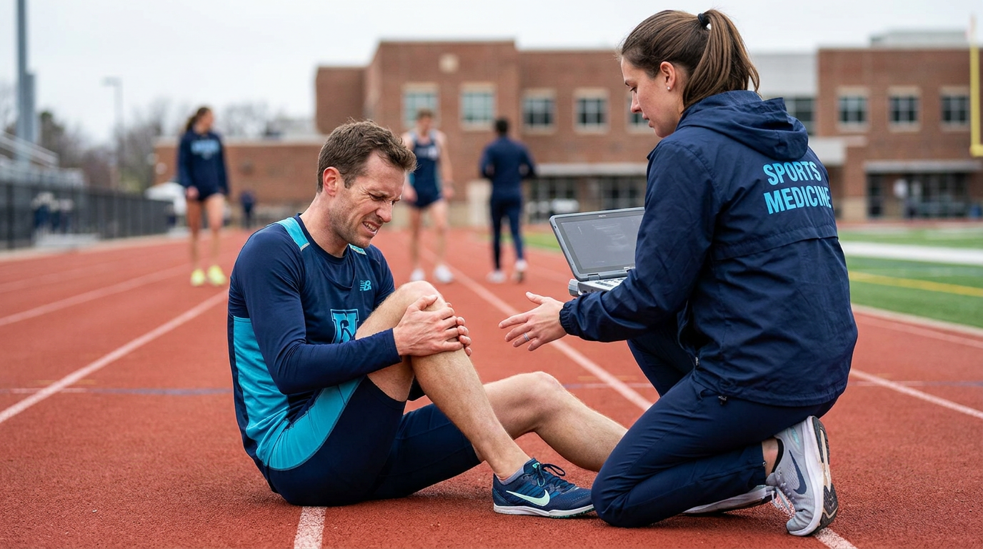 Atleta corredor em pista ao ar livre segurando o joelho com expressão de desconforto, indicando dor articular durante treino