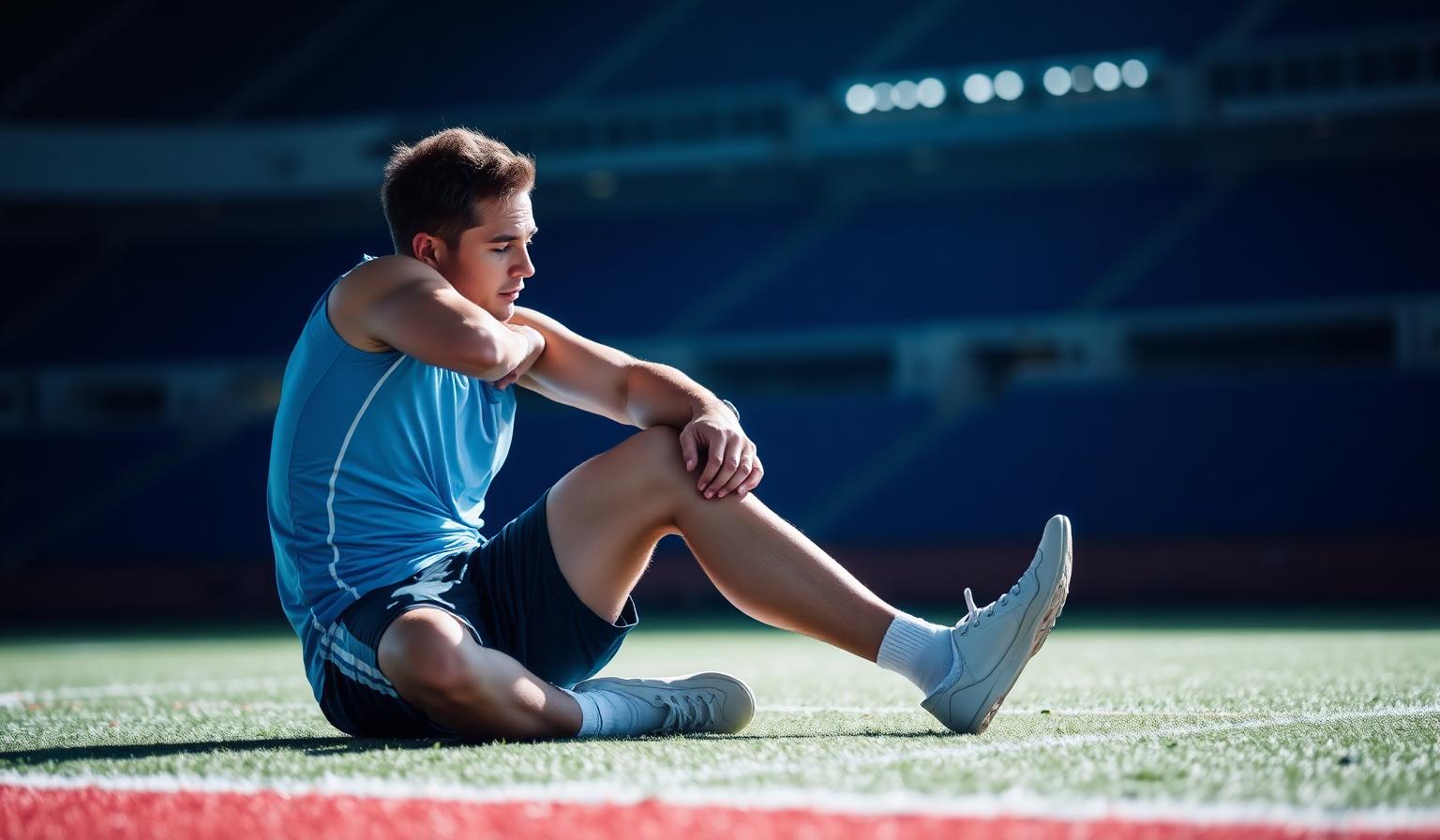 Atleta sentado segurando o joelho após torção em treino, com expressão de desconforto
