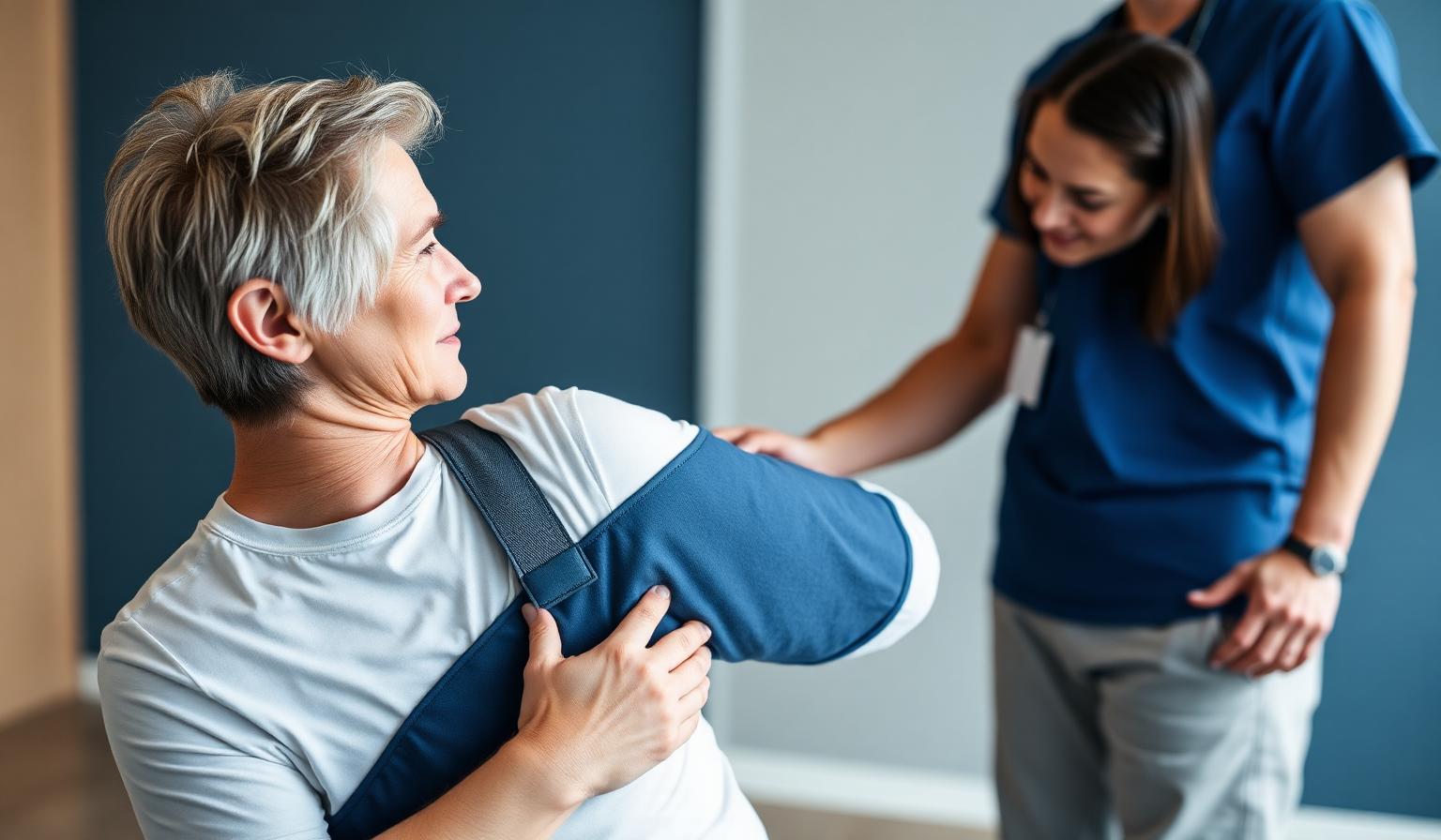 Paciente com tipoia em sessão de fisioterapia ombro com profissional