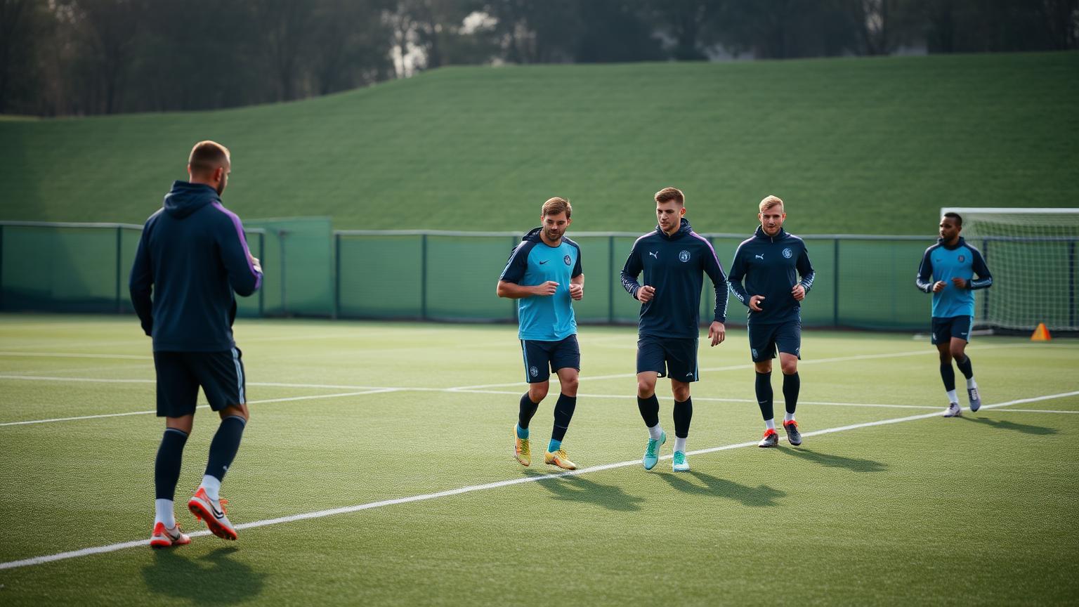 Time de futebol amador em treino de aquecimento estruturado em campo