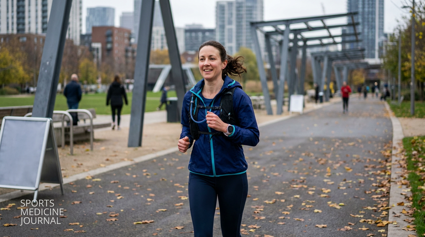 Corredora amadora em treino longo de preparação para maratona em parque urbano