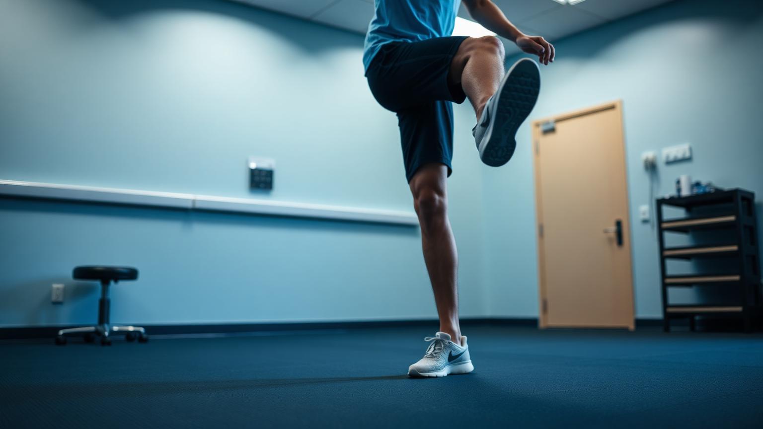 Atleta amador realizando teste de salto unipodal em sala de avaliação física