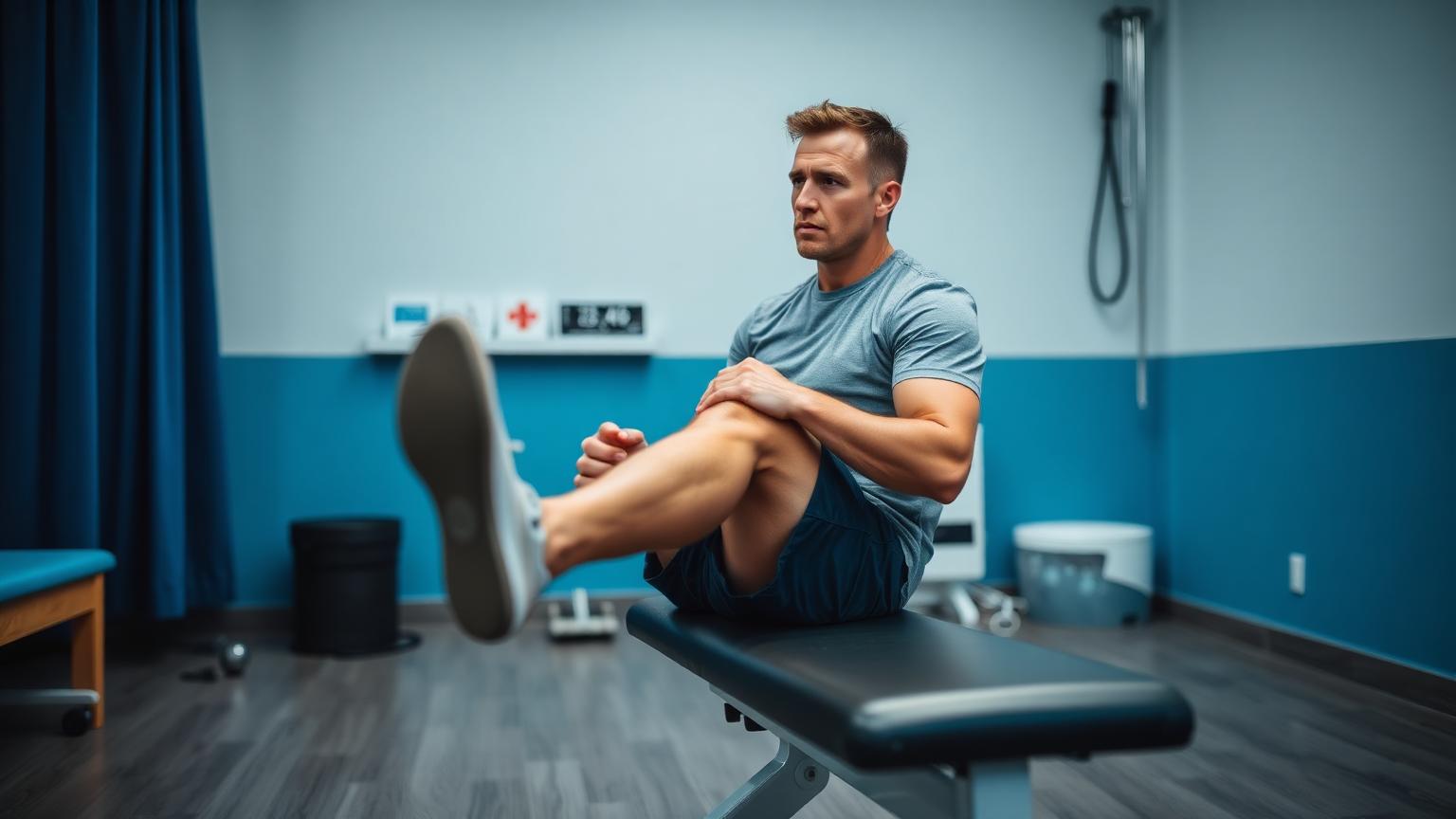 Pessoa agachando em sala de musculação com mão no joelho, em momento de estalo