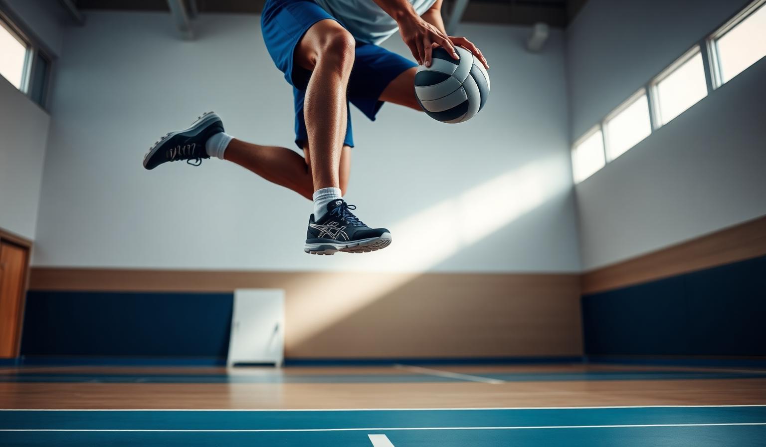 Atleta de vôlei pousando após salto, com expressão de desconforto no joelho